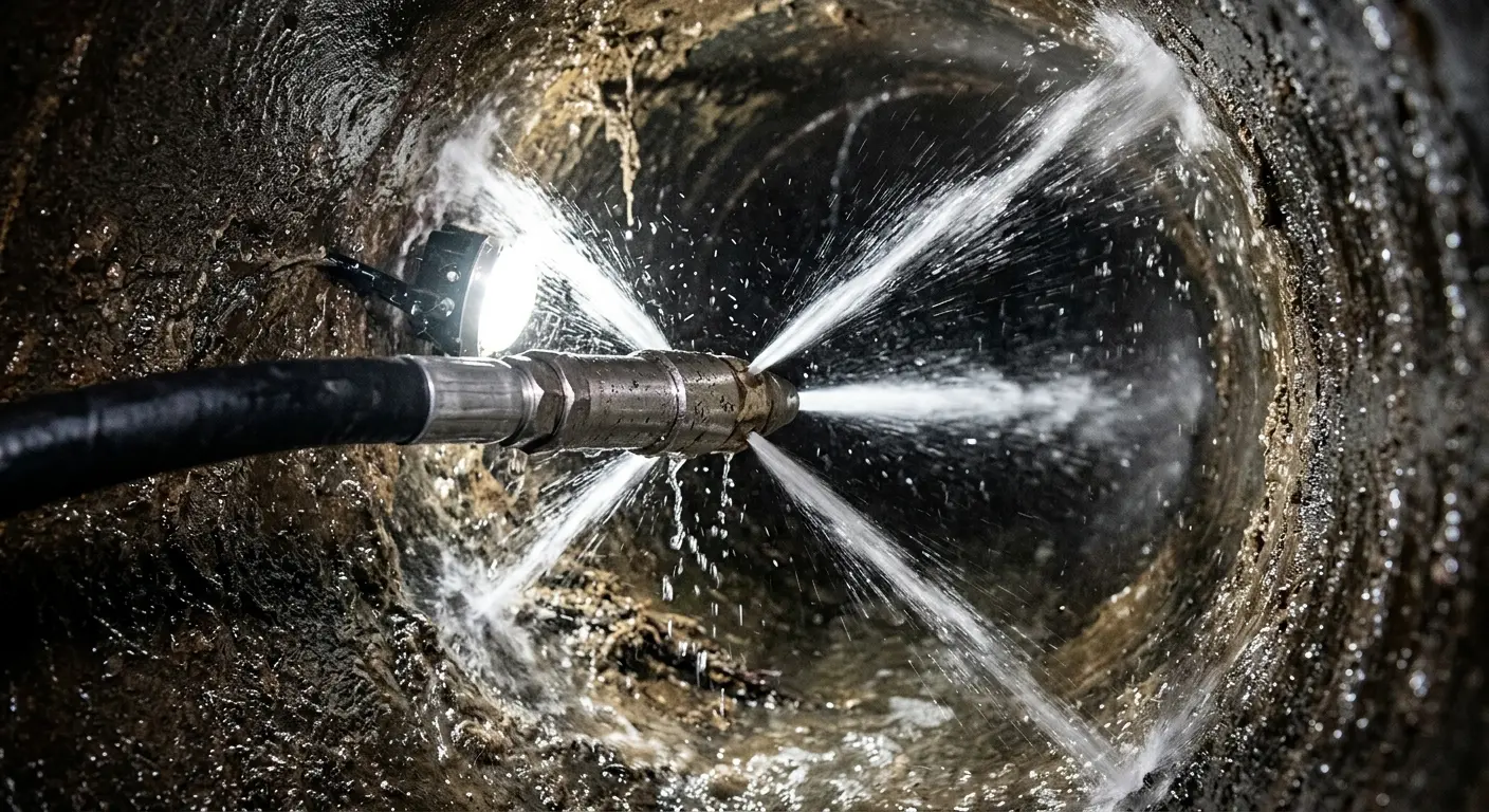 High-pressure hydro jetting nozzle cleaning sewer pipe for Trenchless Sewer Repair in Fruitland