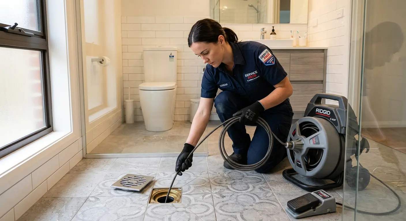 Technician clearing a bathroom floor drain for Sewer Line Replacement in Fruitland